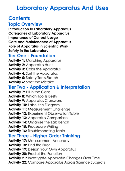 Laboratory Apparatus And Uses Worksheet Activity Booklet