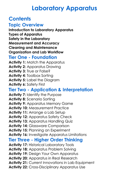 Laboratory Apparatus Worksheet Activity Booklet