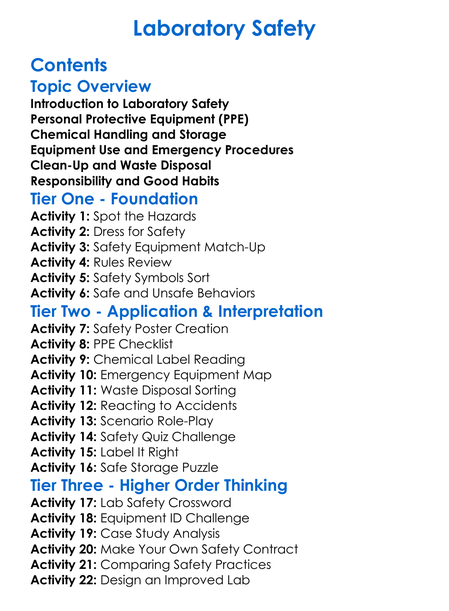 Laboratory Safety Worksheet Activity Booklet