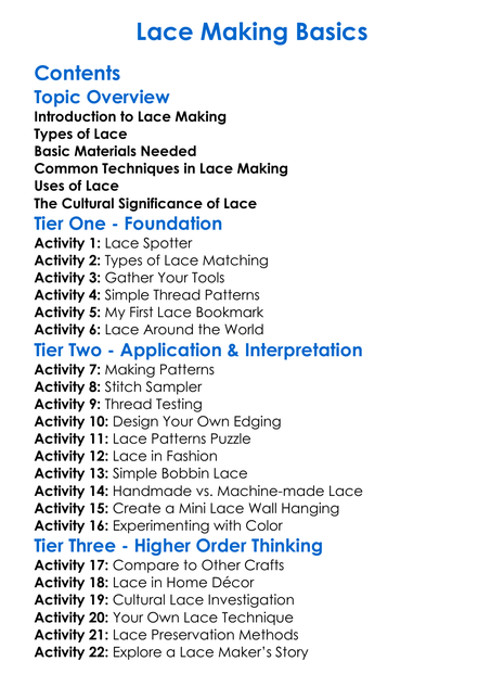 Lace-Making Basics Worksheet Activity Booklet