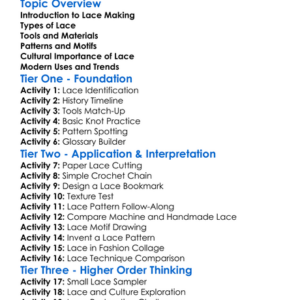 Lace Making Techniques Worksheet Activity Booklet