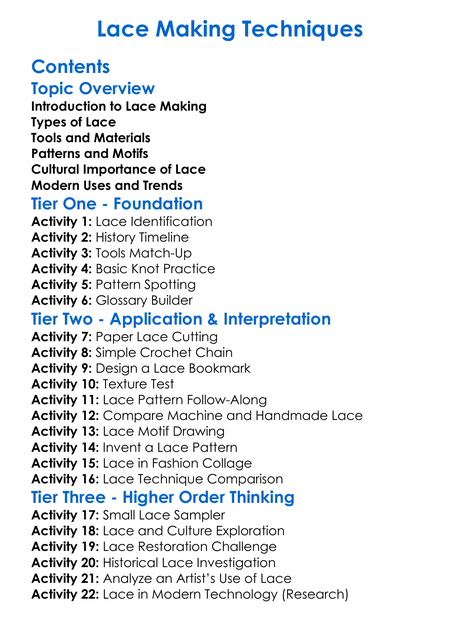 Lace Making Techniques Worksheet Activity Booklet