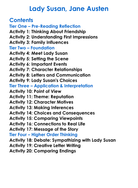 Lady Susan Jane Austen Worksheet Activity Booklet