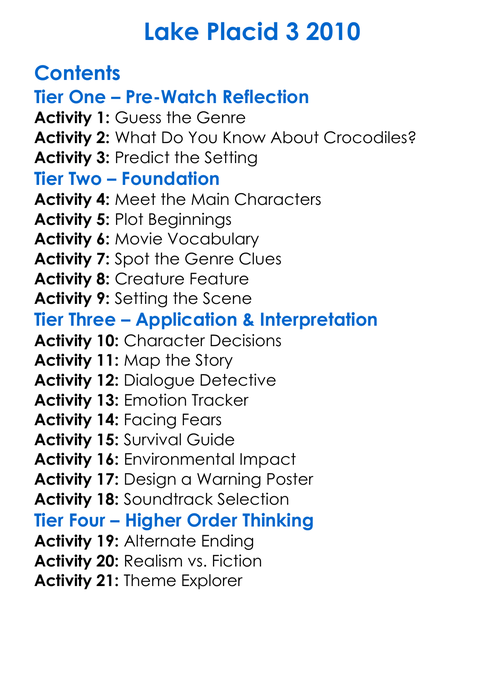 Lake Placid 3 2010 Worksheet Activity Booklet