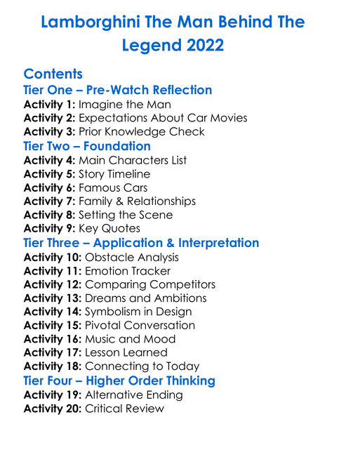 Lamborghini The Man Behind The Legend 2022 Worksheet Activity Booklet