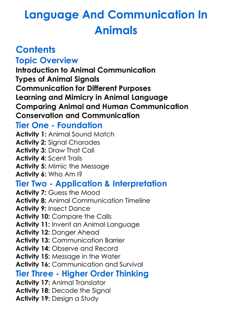 Language And Communication In Animals Worksheet Activity Booklet