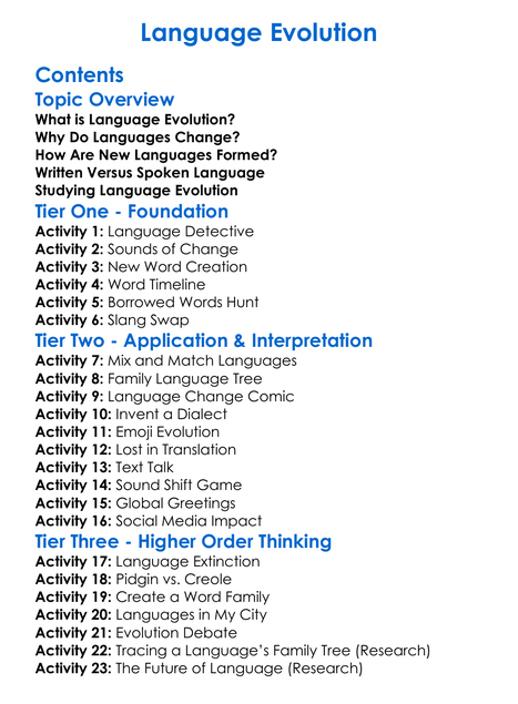 Language Evolution Worksheet Activity Booklet