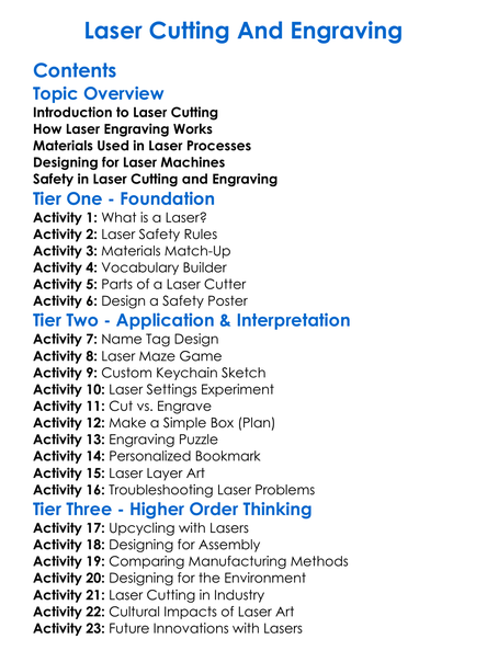 Laser Cutting And Engraving Worksheet Activity Booklet