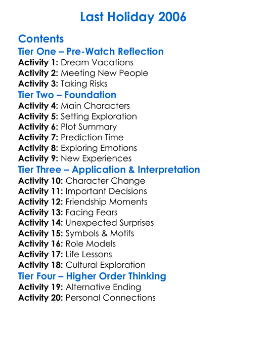 Last Holiday 2006 Worksheet Activity Booklet