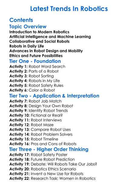 Latest Trends In Robotics Worksheet Activity Booklet