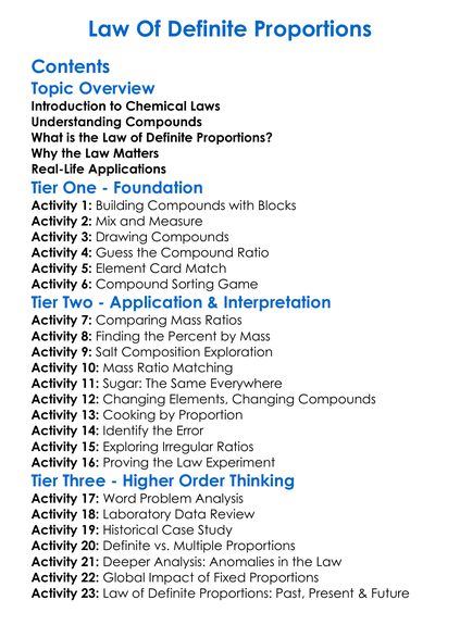 Law Of Definite Proportions Worksheet Activity Booklet