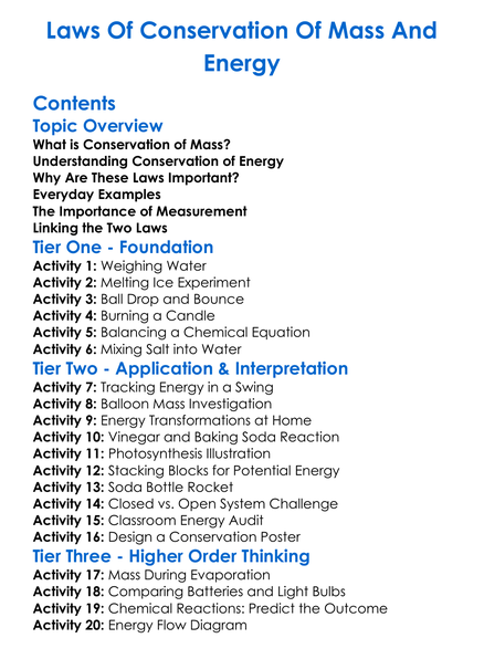 Laws Of Conservation Of Mass And Energy Worksheet Activity Booklet