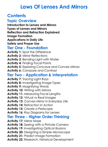 Laws Of Lenses And Mirrors Worksheet Activity Booklet