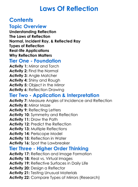 Laws Of Reflection Worksheet Activity Booklet
