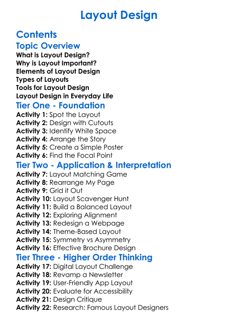 Layout Design Worksheet Activity Booklet