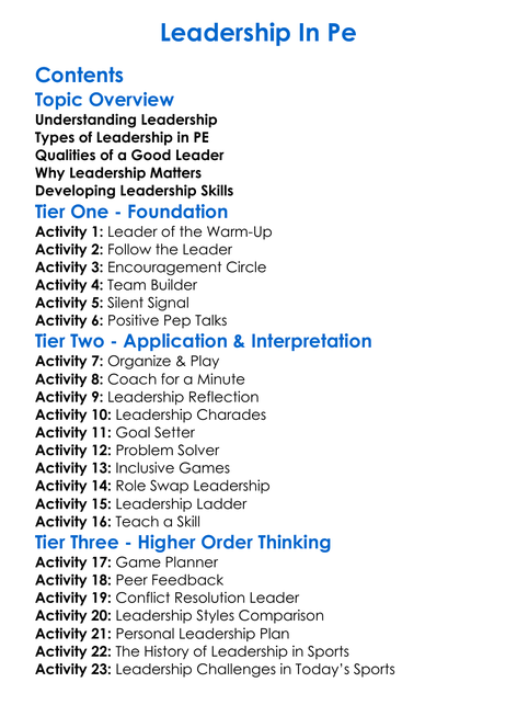 Leadership In Pe Worksheet Activity Booklet