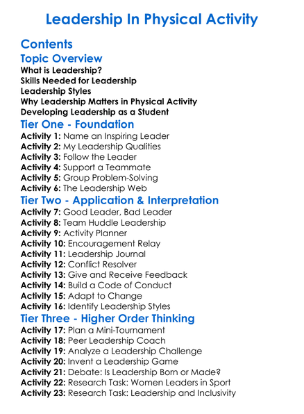 Leadership In Physical Activity Worksheet Activity Booklet