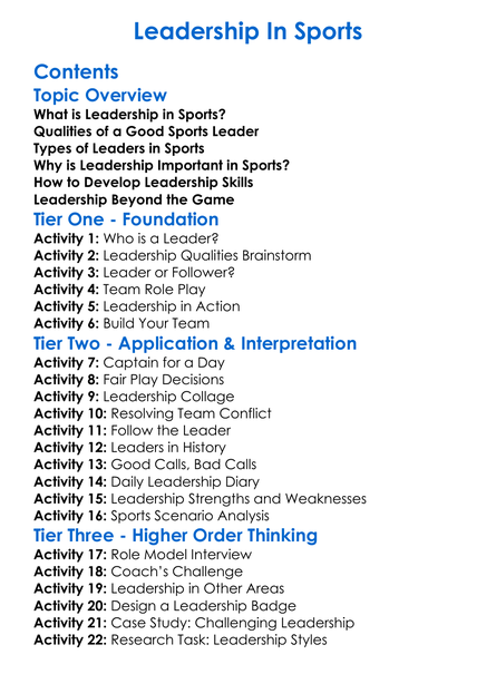 Leadership In Sports Worksheet Activity Booklet