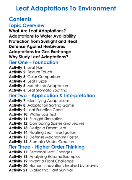 Leaf Adaptations To Environment Worksheet Activity Booklet