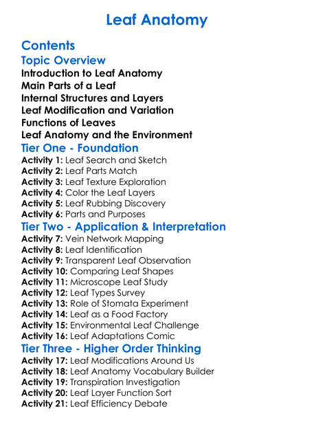 Leaf Anatomy Worksheet Activity Booklet