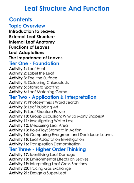 Leaf Structure And Function Worksheet Activity Booklet