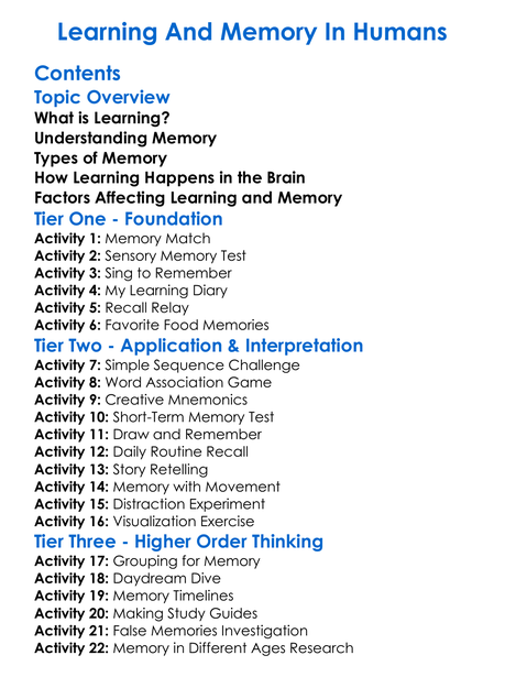 Learning And Memory In Humans Worksheet Activity Booklet