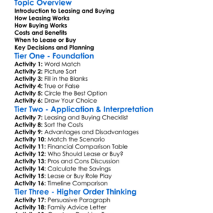 Leasing Versus Buying Worksheet Activity Booklet
