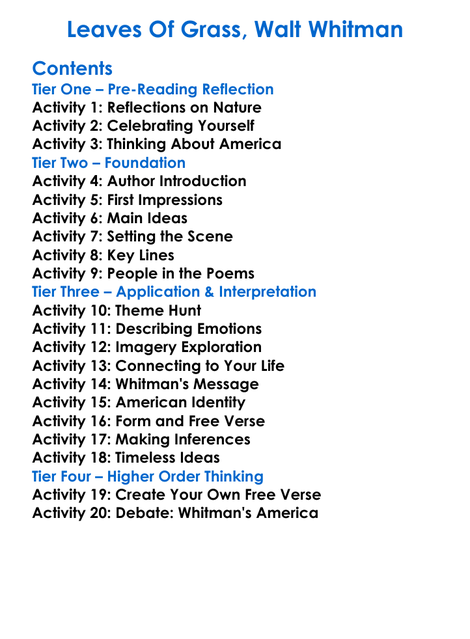 Leaves Of Grass Walt Whitman Worksheet Activity Booklet
