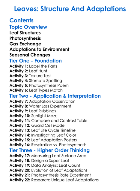 Leaves Structure And Adaptations Worksheet Activity Booklet