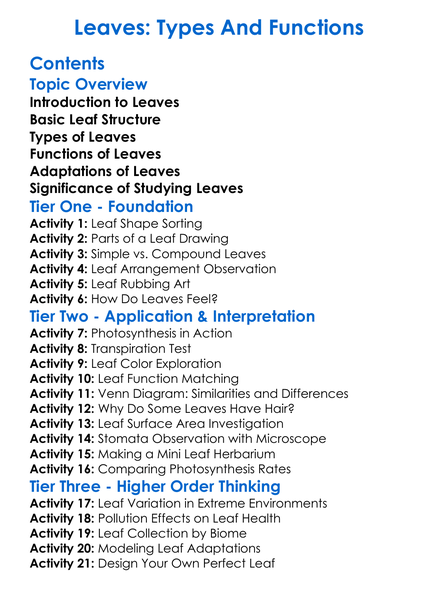 Leaves Types And Functions Worksheet Activity Booklet