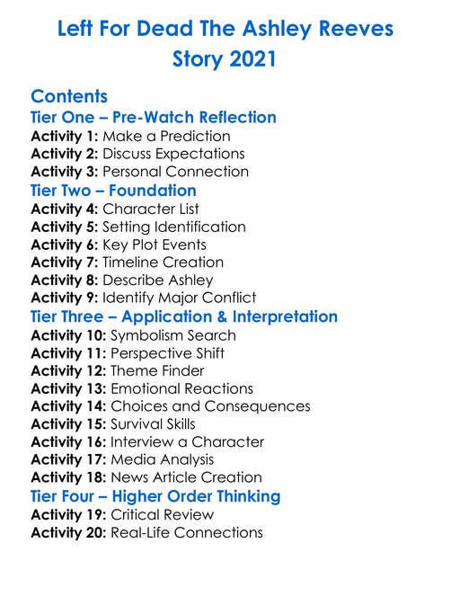 Left For Dead The Ashley Reeves Story 2021 Worksheet Activity Booklet