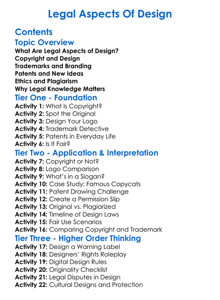 Legal Aspects Of Design Worksheet Activity Booklet