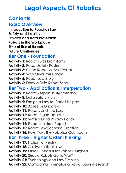 Legal Aspects Of Robotics Worksheet Activity Booklet