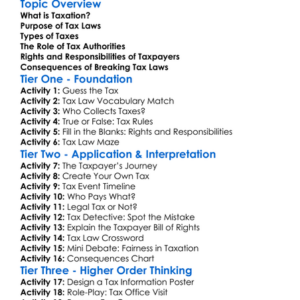 Legal Aspects Of Taxation Worksheet Activity Booklet
