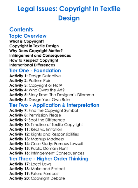 Legal Issues Copyright In Textile Design Worksheet Activity Booklet