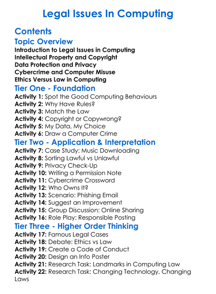 Legal Issues In Computing Worksheet Activity Booklet