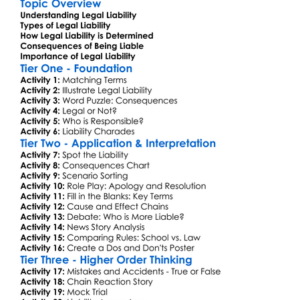 Legal Liability Worksheet Activity Booklet
