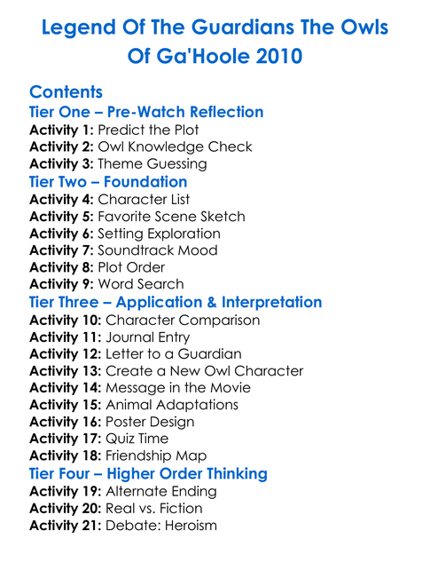 Legend Of The Guardians The Owls Of Gahoole 2010 Worksheet Activity Booklet