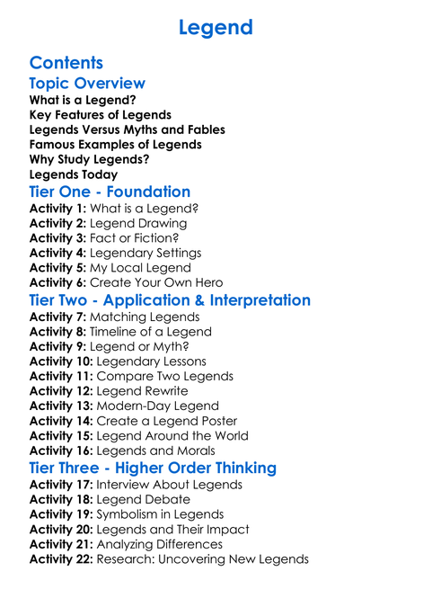 Legend Worksheet Activity Booklet