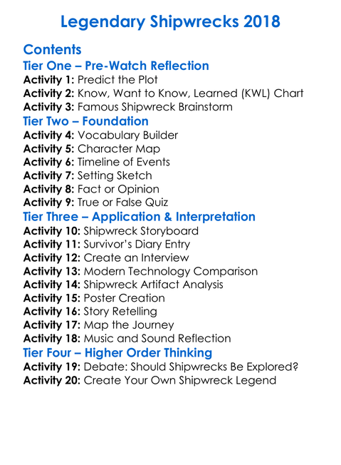Legendary Shipwrecks 2018 Worksheet Activity Booklet