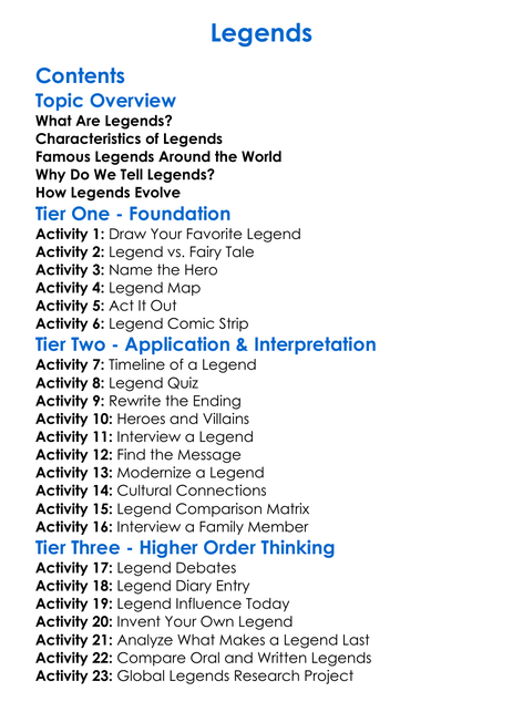 Legends Worksheet Activity Booklet