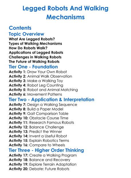 Legged Robots And Walking Mechanisms Worksheet Activity Booklet