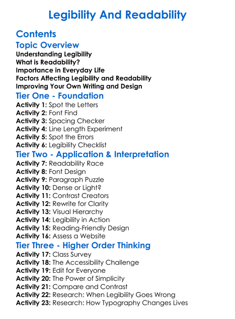 Legibility And Readability Worksheet Activity Booklet