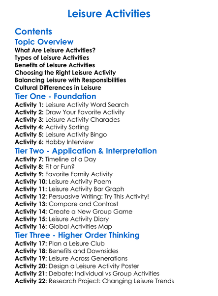 Leisure Activities Worksheet Activity Booklet