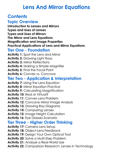 Lens And Mirror Equations Worksheet Activity Booklet