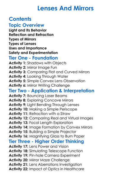 Lenses And Mirrors Worksheet Activity Booklet