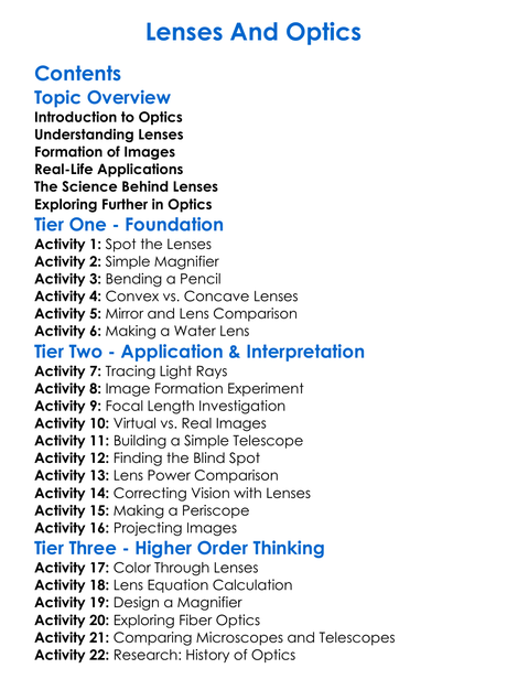 Lenses And Optics Worksheet Activity Booklet