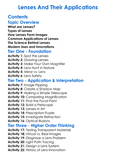 Lenses And Their Applications Worksheet Activity Booklet