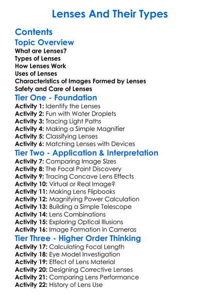 Lenses And Their Types Worksheet Activity Booklet
