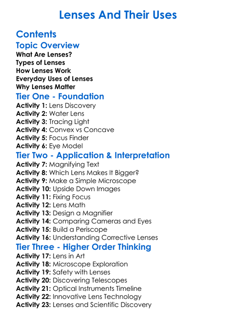 Lenses And Their Uses Worksheet Activity Booklet